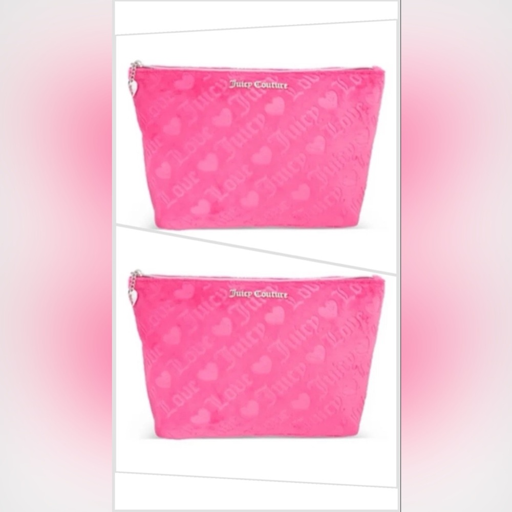 Set of 2 Juicy Couture Pink Velour Cosmetic Bags with travel bottle